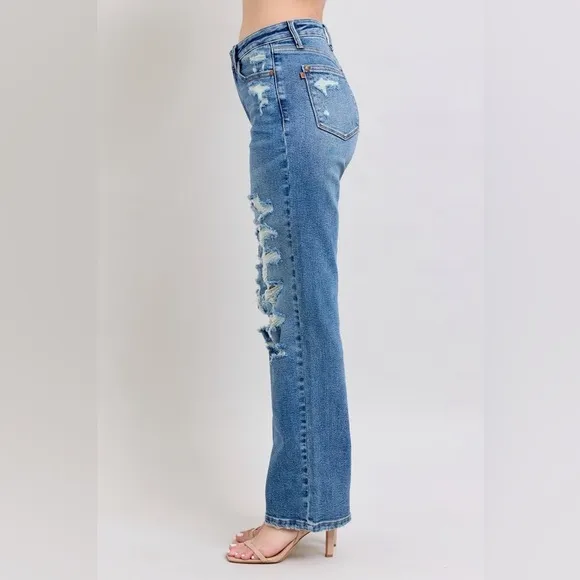 Judy Blue High Waist Heavy Destroy Straight Jeans Plus Distressed Blue Jeans