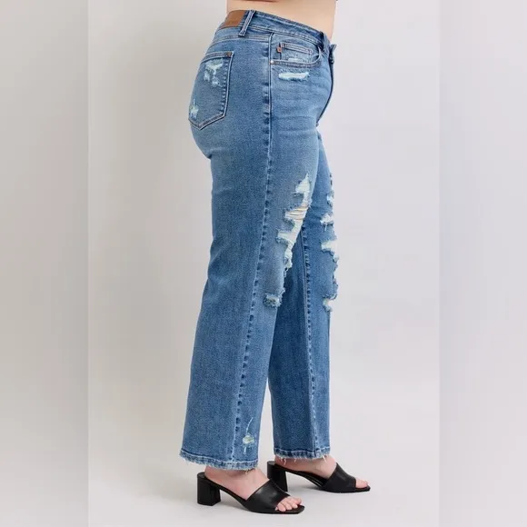 Judy Blue High Waist Heavy Destroy Straight Jeans Plus Distressed Blue Jeans