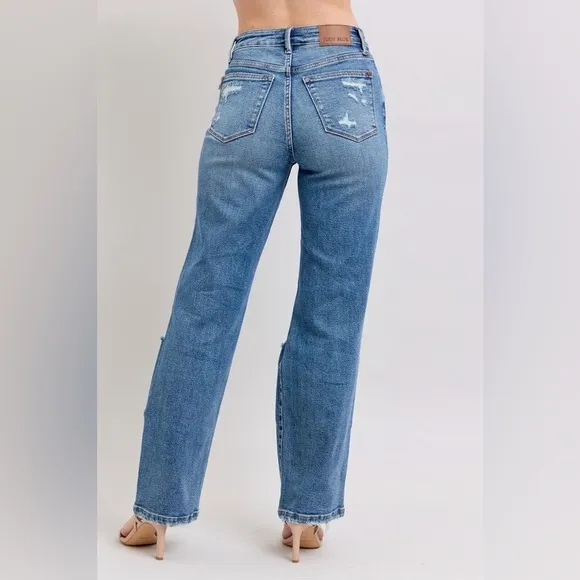 Judy Blue High Waist Heavy Destroy Straight Jeans Plus Distressed Blue Jeans