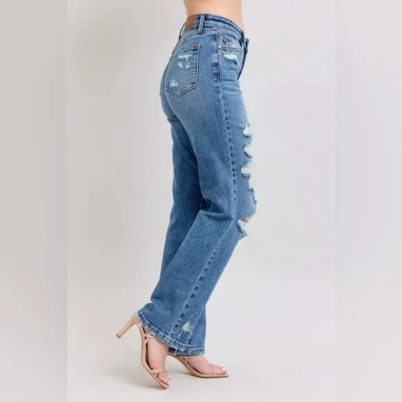 Judy Blue High Waist Heavy Destroy Straight Jeans Plus Distressed Blue Jeans