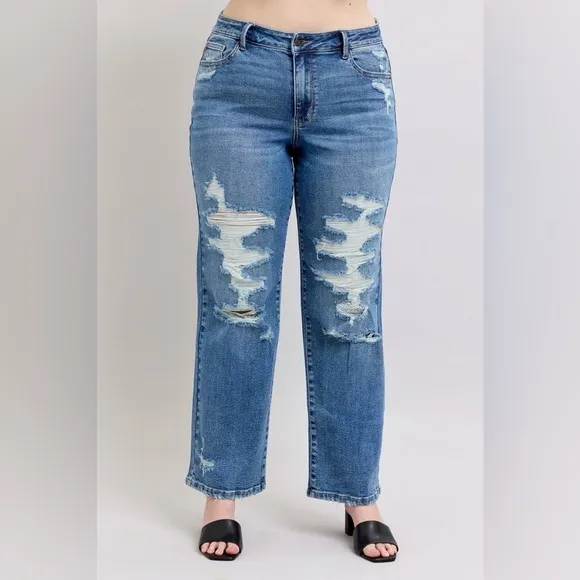Judy Blue High Waist Heavy Destroy Straight Jeans Plus Distressed Blue Jeans