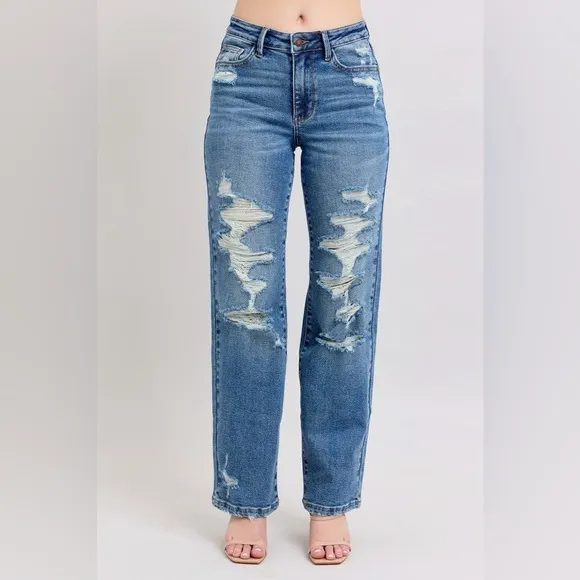 Judy Blue High Waist Heavy Destroy Straight Jeans Plus Distressed Blue Jeans