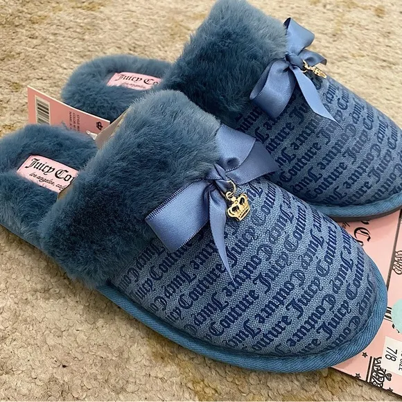 Juicy Couture Faux Fur Slippers Blue Y2K Nwt Size 7