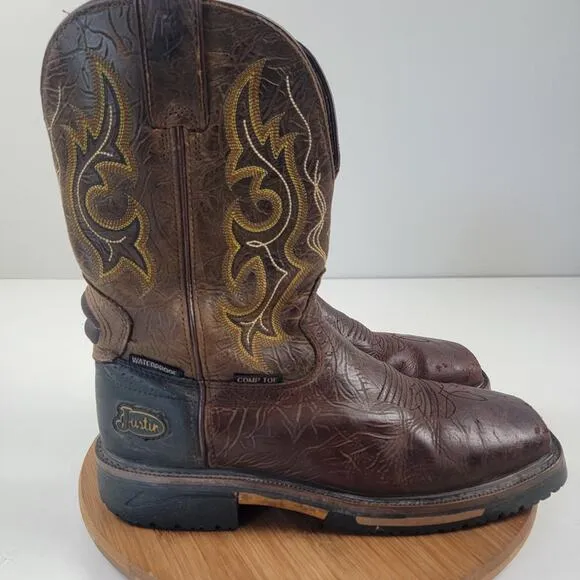 Justin Joist WP Comp Toe Work Western Boots Brown Men's Shoe Size 10D Work Wear
