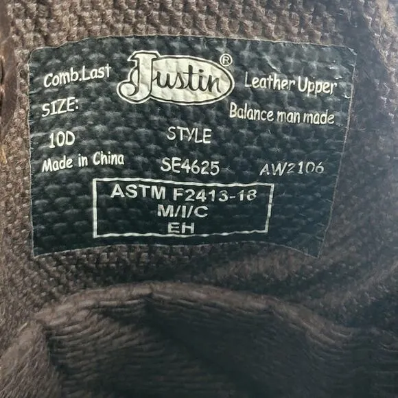Justin Joist WP Comp Toe Work Western Boots Brown Men's Shoe Size 10D Work Wear