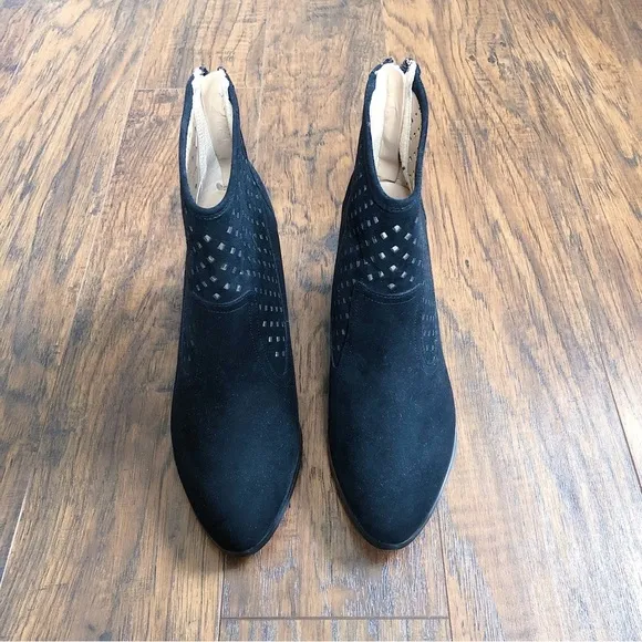 Kaari Blue • Karin perforated ankle boots black faux suede vegan point toe heel