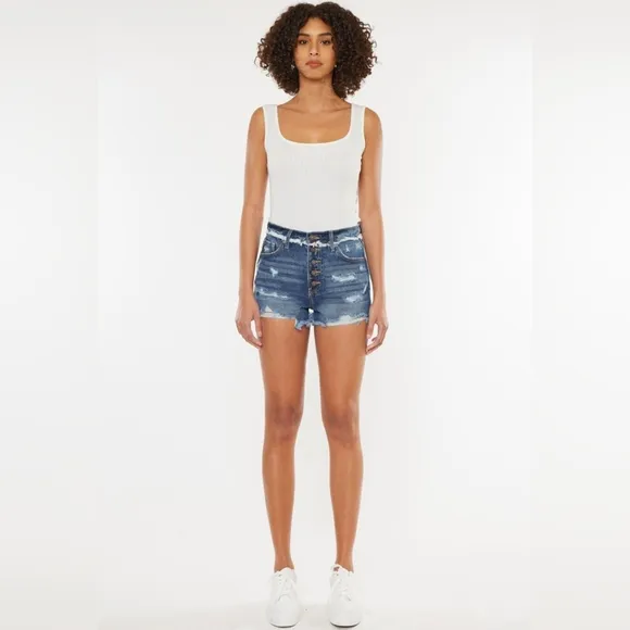 KanCan Button Fly High Rise Torn Distressed Denim Frayed Cut-Off Jean Shorts