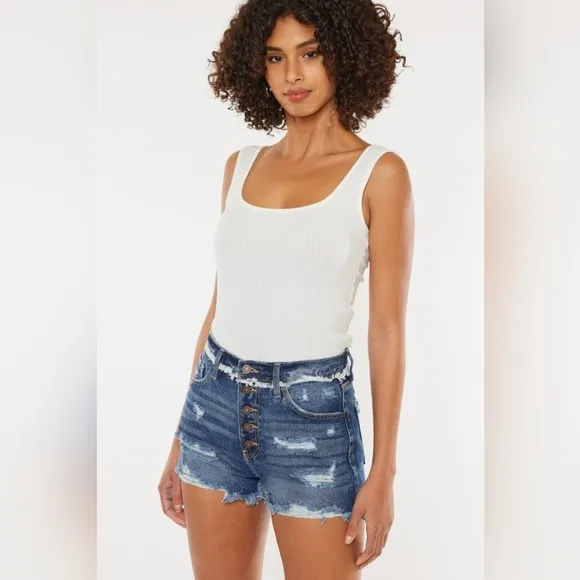 KanCan Button Fly High Rise Torn Distressed Denim Frayed Cut-Off Jean Shorts