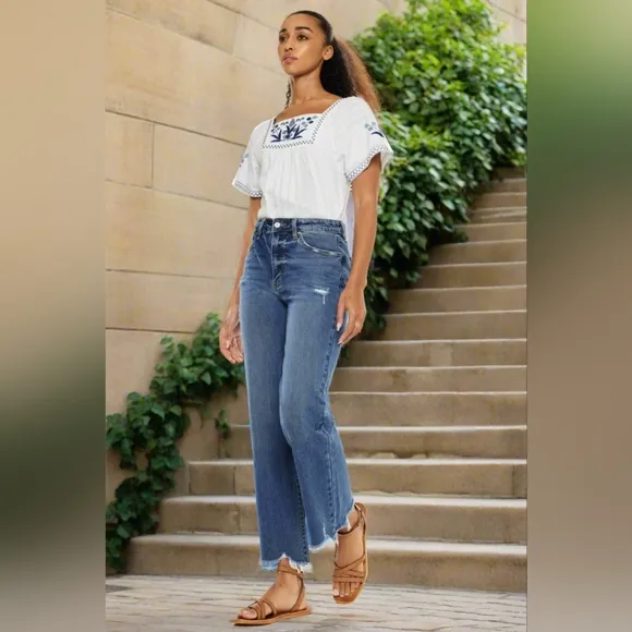 KanCan High-Rise Waist Pants Wide Leg Flare Distressed Torn Denim Slim Fit Jeans