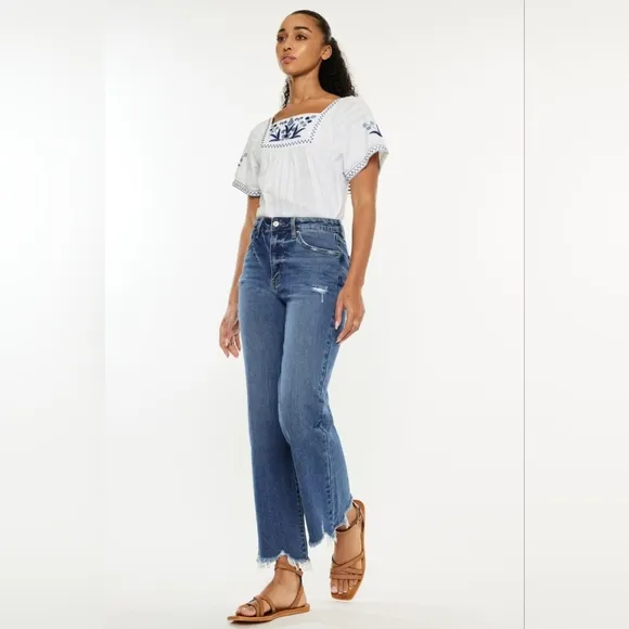 KanCan High-Rise Waist Pants Wide Leg Flare Distressed Torn Denim Slim Fit Jeans