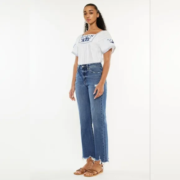 KanCan High-Rise Waist Pants Wide Leg Flare Distressed Torn Denim Slim Fit Jeans