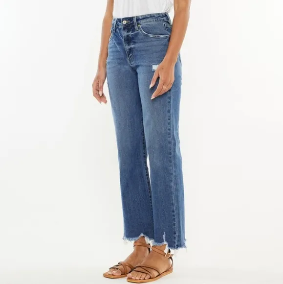 KanCan High-Rise Waist Pants Wide Leg Flare Distressed Torn Denim Slim Fit Jeans