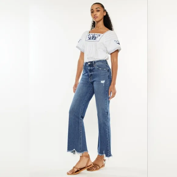 KanCan High-Rise Waist Pants Wide Leg Flare Distressed Torn Denim Slim Fit Jeans