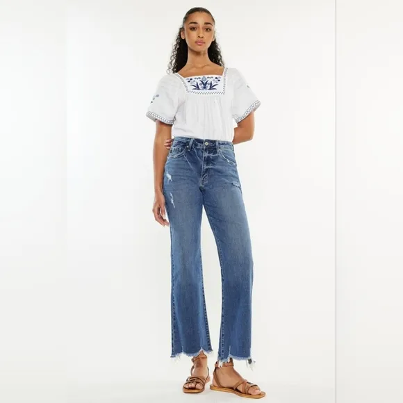 KanCan High-Rise Waist Pants Wide Leg Flare Distressed Torn Denim Slim Fit Jeans