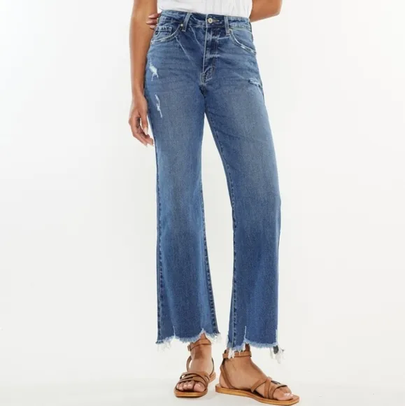 KanCan High-Rise Waist Pants Wide Leg Flare Distressed Torn Denim Slim Fit Jeans