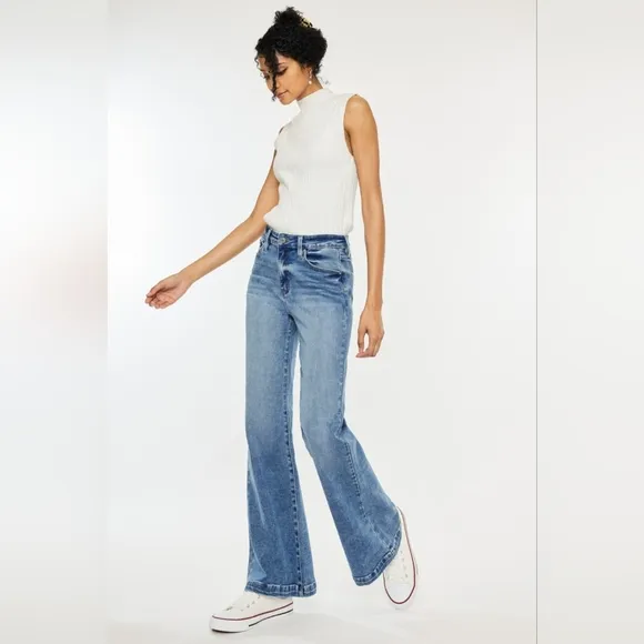 KanCan High-Rise Waist Pants Wide Leg Flare Relaxed Fit Boyfriend Jeans Denim
