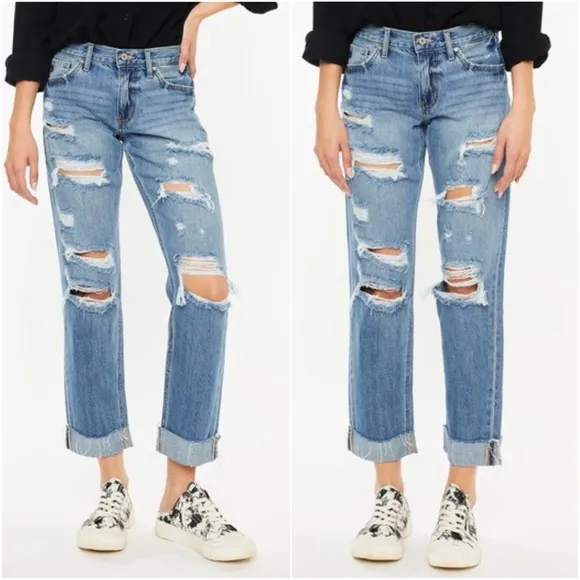 Kancan Medium Wash Distressed Raw hem Boyfriend Jeans