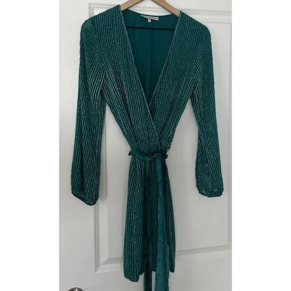 Karina Grimaldi Garda Beaded Silk Mini Dress Emerald Sze XS Holiday Party Luxury