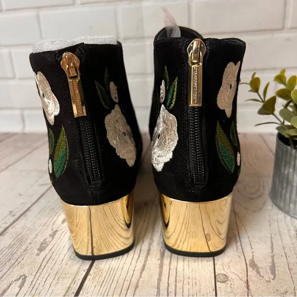 Karl Lagerfeld Harlow Suede Floral Embroidered Bootie Ankle Boots 9 Black Green