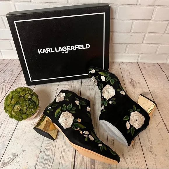 Karl Lagerfeld Harlow Suede Floral Embroidered Bootie Ankle Boots 9 Black Green