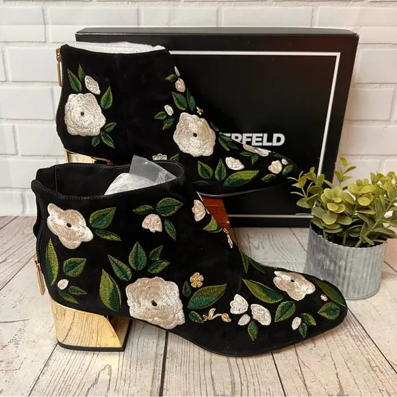 Karl Lagerfeld Harlow Suede Floral Embroidered Bootie Ankle Boots 9 Black Green