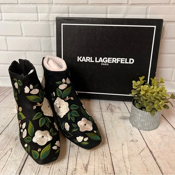 Karl Lagerfeld Harlow Suede Floral Embroidered Bootie Ankle Boots 9 Black Green