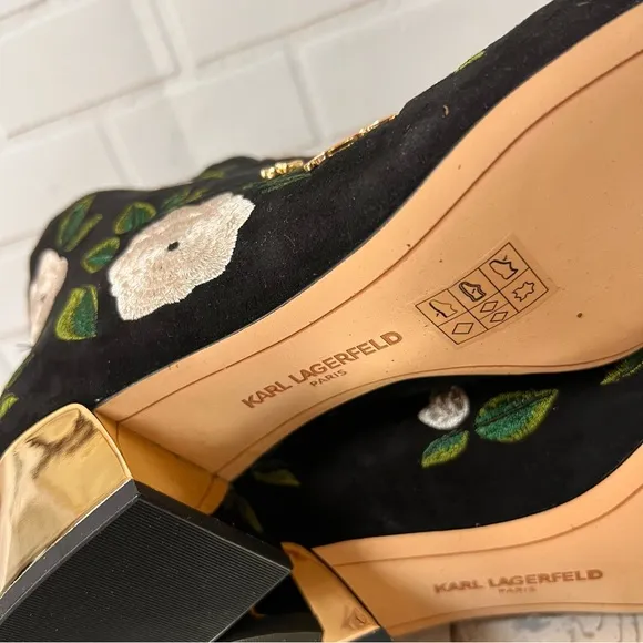 Karl Lagerfeld Harlow Suede Floral Embroidered Bootie Ankle Boots 9 Black Green