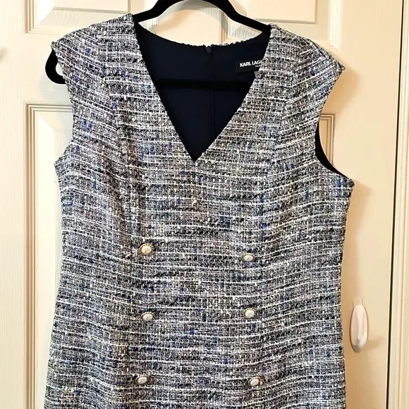 Karl Lagerfeld Tweed Dress - Blue Cream Luxury Church Office Wear Elegant Wear