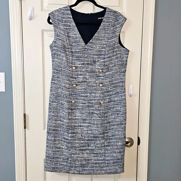 Karl Lagerfeld Tweed Dress - Blue Cream Luxury Church Office Wear Elegant Wear