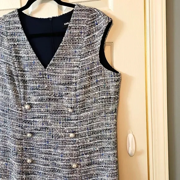 Karl Lagerfeld Tweed Dress - Blue Cream Luxury Church Office Wear Elegant Wear