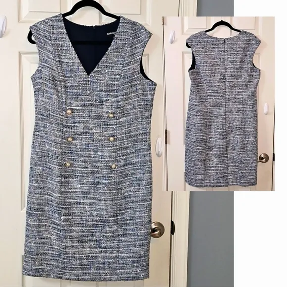 Karl Lagerfeld Tweed Dress - Blue Cream Luxury Church Office Wear Elegant Wear