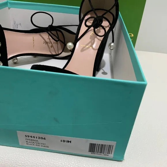 Kate Spade Iverna Pearl Studded Open Toe Pumps Balck Evening Sandals Dress Shoes