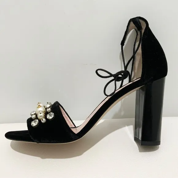 Kate Spade Iverna Pearl Studded Open Toe Pumps Balck Evening Sandals Dress Shoes