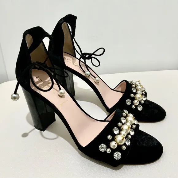 Kate Spade Iverna Pearl Studded Open Toe Pumps Balck Evening Sandals Dress Shoes
