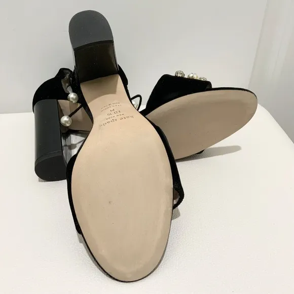 Kate Spade Iverna Pearl Studded Open Toe Pumps Balck Evening Sandals Dress Shoes