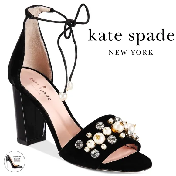 Kate Spade Iverna Pearl Studded Open Toe Pumps Balck Evening Sandals Dress Shoes