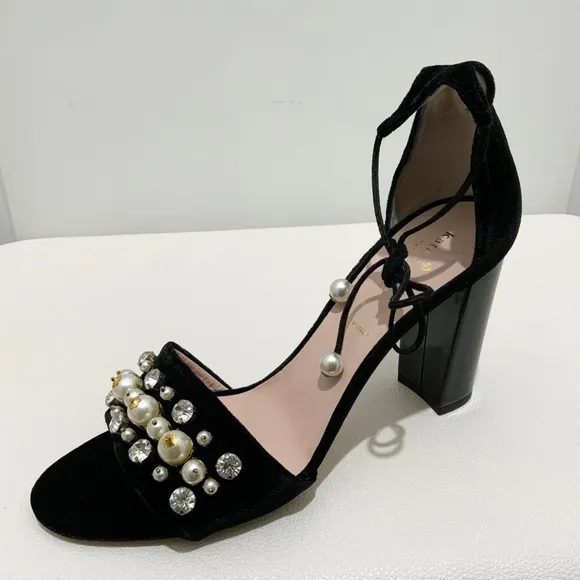 Kate Spade Iverna Pearl Studded Open Toe Pumps Balck Evening Sandals Dress Shoes