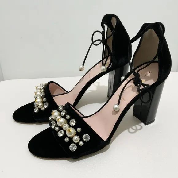 Kate Spade Iverna Pearl Studded Open Toe Pumps Balck Evening Sandals Dress Shoes