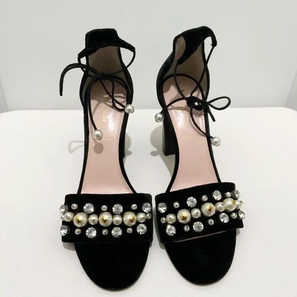 Kate Spade Iverna Pearl Studded Open Toe Pumps Balck Evening Sandals Dress Shoes