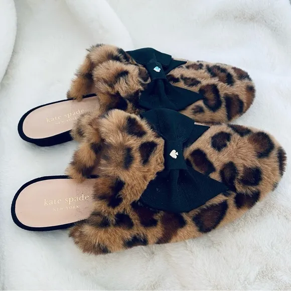 KATE SPADE Jocelyn Faux Leopard Fur Slippers Size 7 NWT