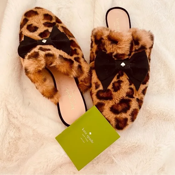 KATE SPADE Jocelyn Faux Leopard Fur Slippers Size 7 NWT