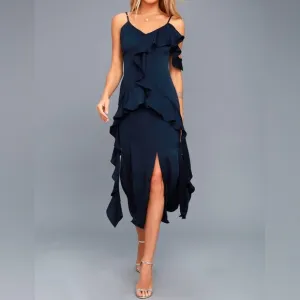 Keepsake Love Bound Dress Size XS Blue Midi Guest Cocktail Ruffle Minimalist