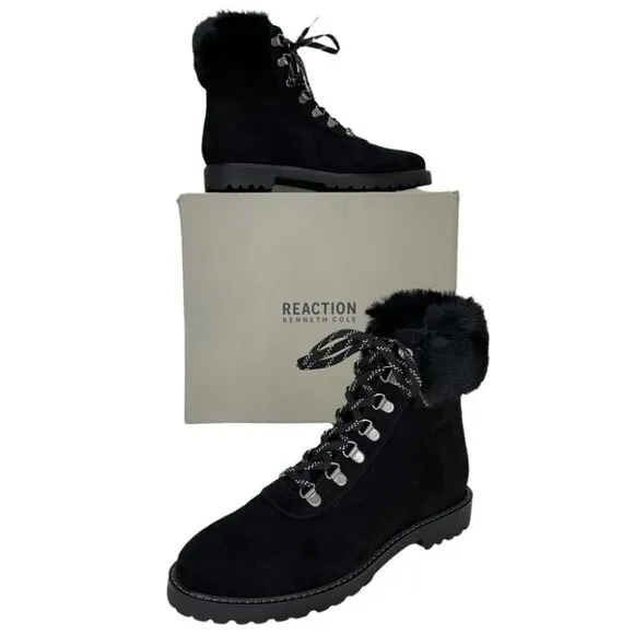 Kenneth Cole Reaction Trail Boot Black Faux Suede Faux Trim Womens Ankle Boots