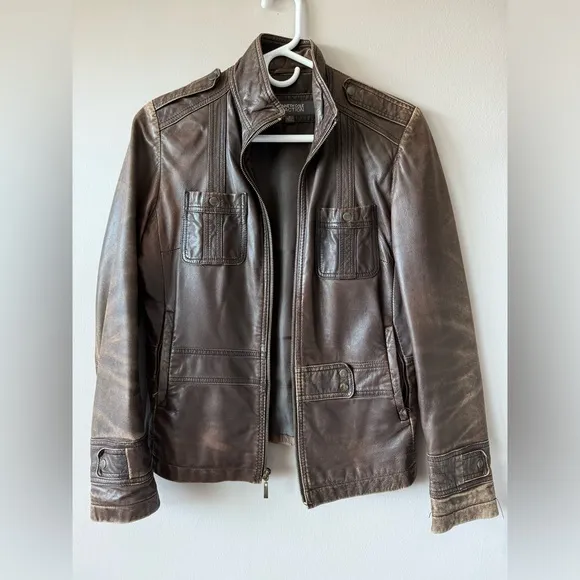Kenneth Cole Reaction‎ Women’s Vintage Brown Leather Zipper front Jacket Size S
