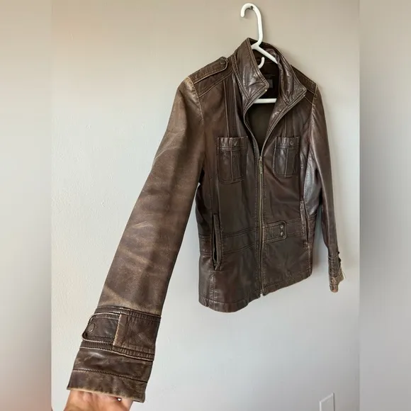 Kenneth Cole Reaction‎ Women’s Vintage Brown Leather Zipper front Jacket Size S