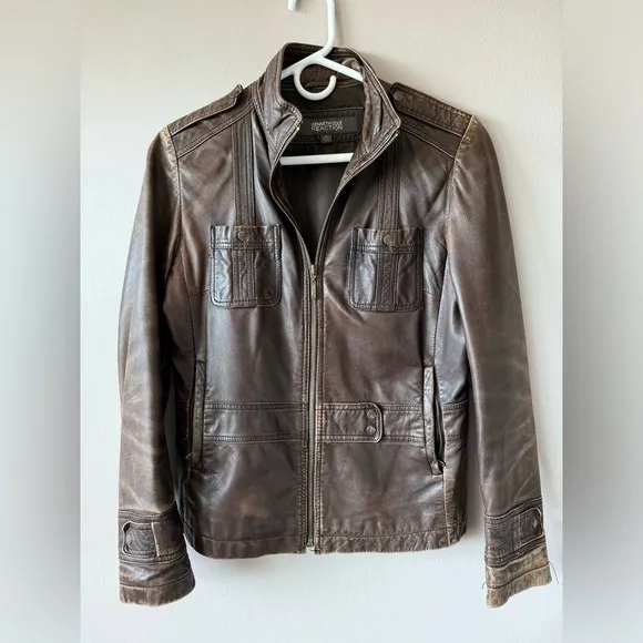 Kenneth Cole Reaction‎ Women’s Vintage Brown Leather Zipper front Jacket Size S