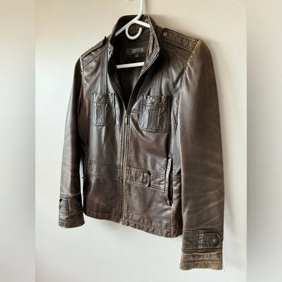 Kenneth Cole Reaction‎ Women’s Vintage Brown Leather Zipper front Jacket Size S
