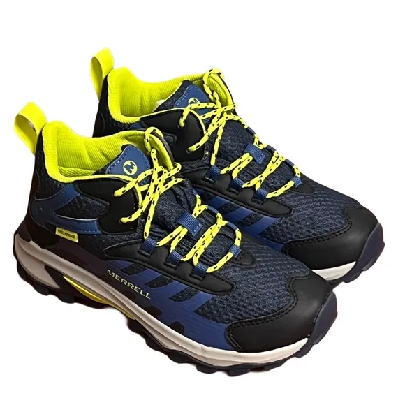 Kids Merrell Moab Speed 2 Mid Blue and Yellow Waterproof Hiking Boots Size 4 NIB