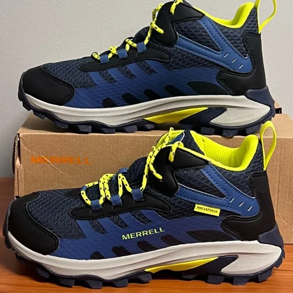 Kids Merrell Moab Speed 2 Mid Blue and Yellow Waterproof Hiking Boots Size 4 NIB