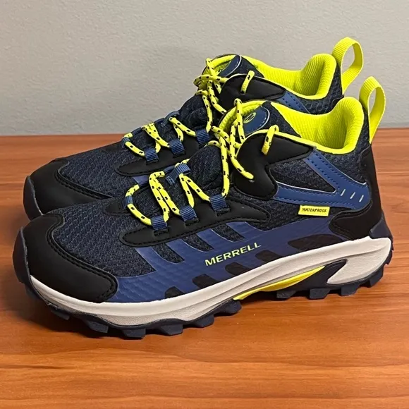 Kids Merrell Moab Speed 2 Mid Blue and Yellow Waterproof Hiking Boots Size 4 NIB